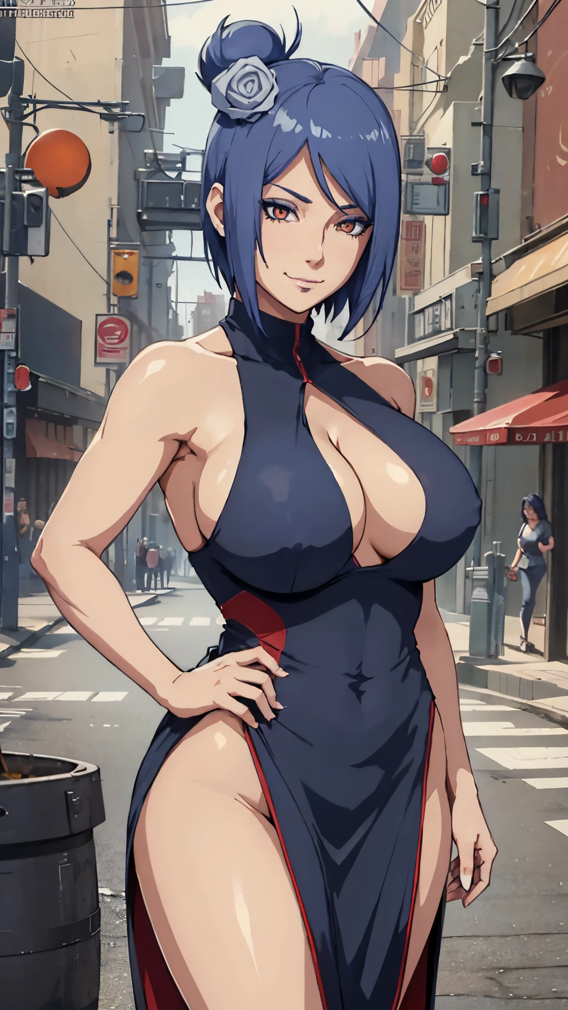 （8k, RAW photos,（1Female：1.1），konan, female，Xiaonan\（Naruto\)，La Brett piercing，cleavage，smile，Being red in the face, Dark blue hair, (((cut hair))), ((curvy body)), (sexy dress), ((city))