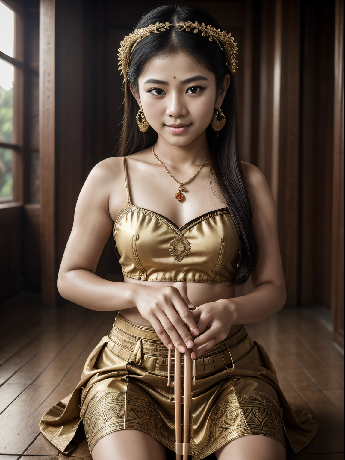 Arafed Asian Woman In A Gold Dress Sitting On A Wooden Floor Seaart Ai