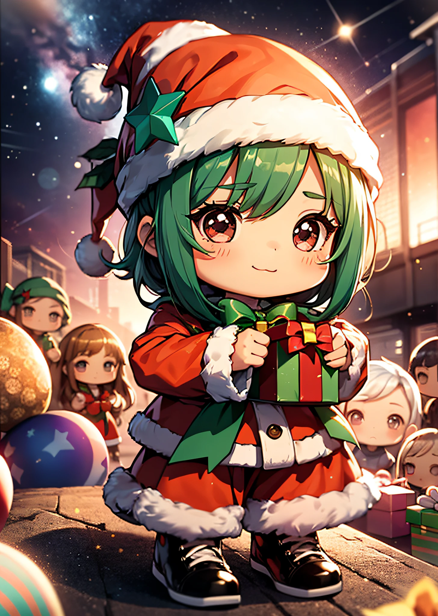 Santa Claus happily carrying christmas presents、Santa is a pretty girl、(Chibi :1.5)、Stars in the eyes（kirakira）、Laugh、Cute red shoes、foco nítido, Ultra Detail, radiant light、Stronger bokeh effect, leave a bit of space at the top and at the bottom of the image