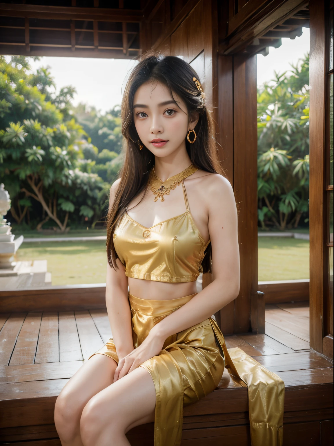 (8k, highest quality, ultra detailed:1.37), (Sirinapa), 18yo, (an architecture enthusiast), admires the stunning beauty of Thai architecture. She visits iconic temples and palaces, marveling at the intricate designs and rich cultural heritage. The high-resolution image captures ultra-detailed realism, highlighting Sirinapa's awe-inspired expression, captivating eyes, and flawless complexion. The majestic architectural details and ornate decorations add to the image's cultural richness, creating a visually stunning representation of Sirinapa's love for Thai architecture.