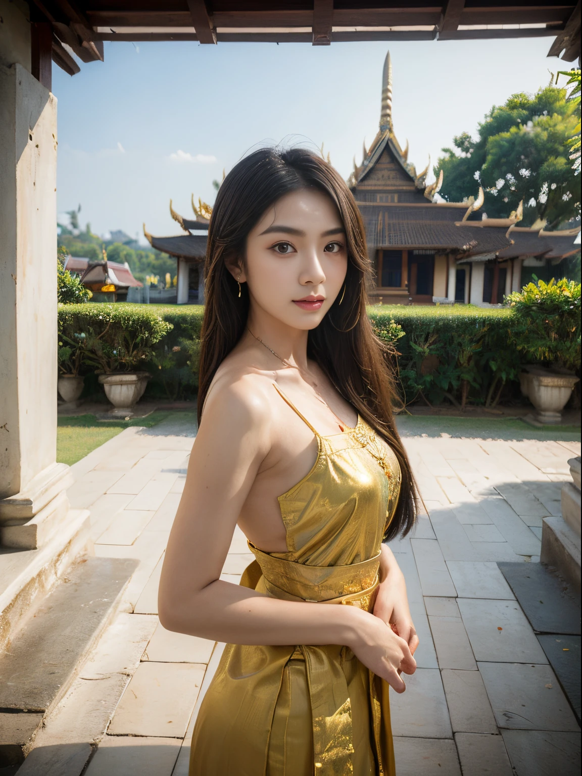 (8k, highest quality, ultra detailed:1.37), (Sirinapa), 18yo, (an architecture enthusiast), admires the stunning beauty of Thai architecture. She visits iconic temples and palaces, marveling at the intricate designs and rich cultural heritage. The high-resolution image captures ultra-detailed realism, highlighting Sirinapa's awe-inspired expression, captivating eyes, and flawless complexion. The majestic architectural details and ornate decorations add to the image's cultural richness, creating a visually stunning representation of Sirinapa's love for Thai architecture.