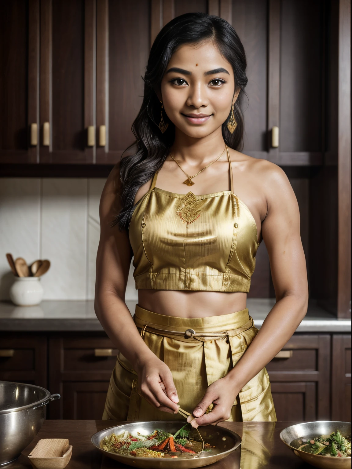 (8k, highest quality, ultra detailed:1.37), (Sirinapa), 18yo, (a passionate home cook), prepares a delicious Thai dish in her kitchen. She skillfully combines fresh ingredients and traditional Thai flavors, showcasing her culinary expertise. The high-resolution image captures ultra-detailed realism, highlighting Sirinapa's focused expression, captivating eyes, and flawless complexion. The vibrant colors of the ingredients and aromatic spices add to the image's visual appeal, creating a stunning representation of Sirinapa's love for Thai cooking.