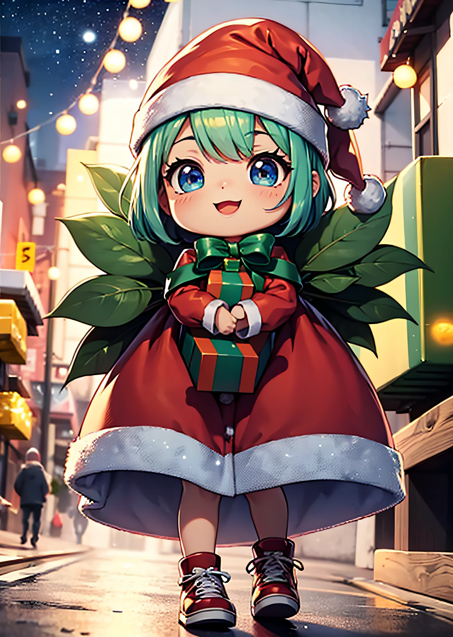 Santa Claus happily carrying presents、Santa is a pretty girl、Chibi Doll、Stars in the eyes(kirakira)、Laugh、Cute red shoes、foco nítido, Ultra Detail, radiant light、bio luminescent、Taken from behind、Stronger bokeh effect
