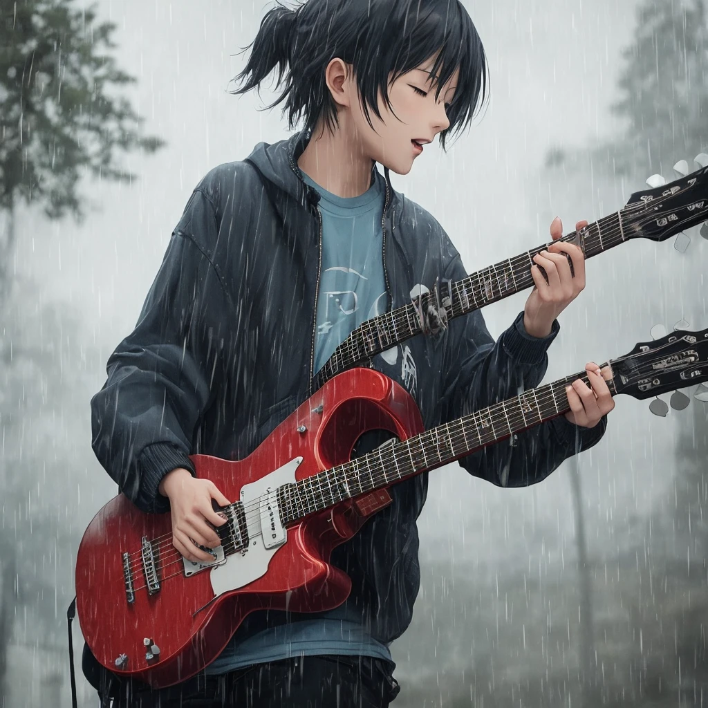 Anime playing guitar in the rain