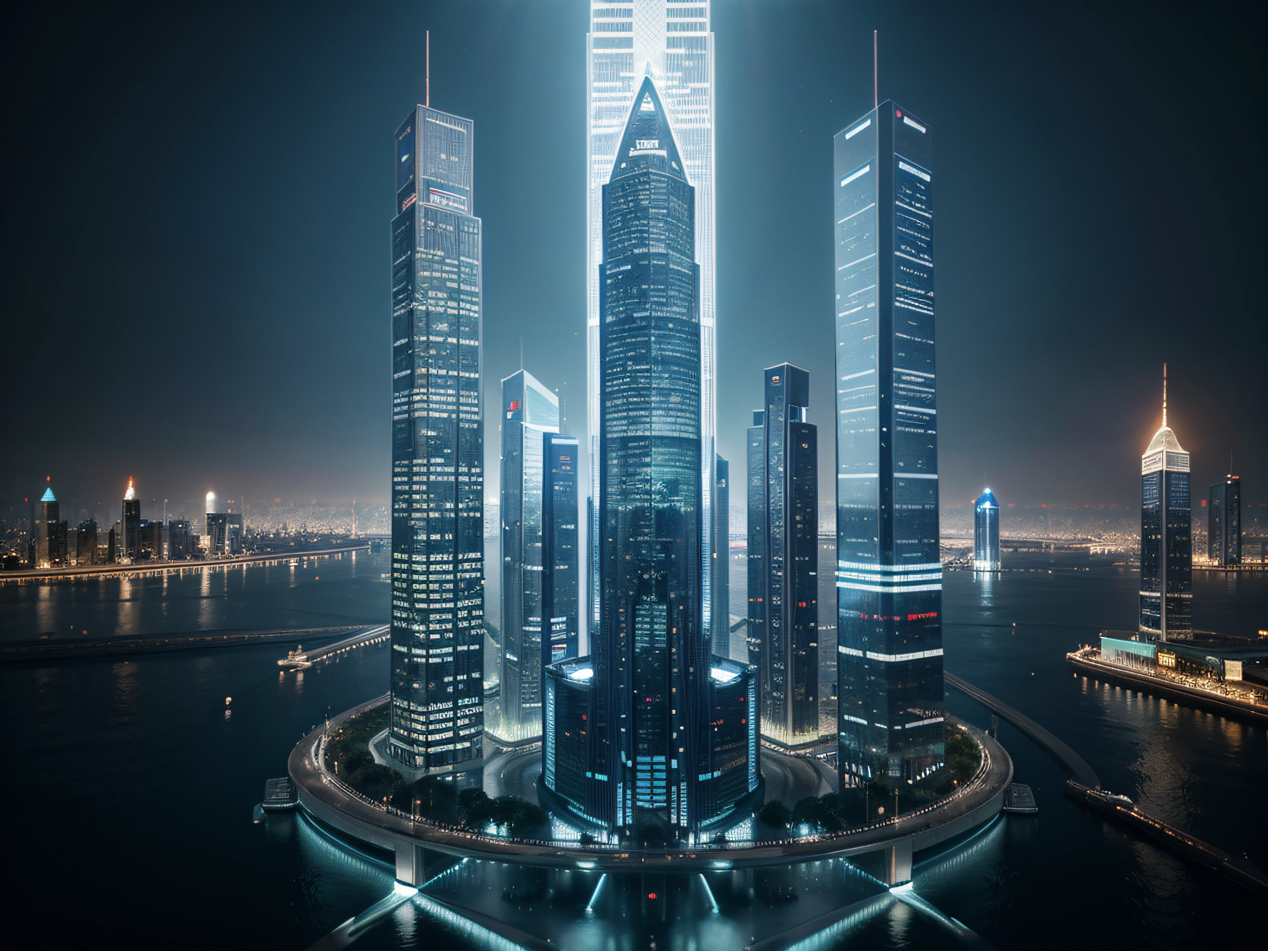 Ciudad de datos flotante: Let's imagine a futuristic vision of a "Ciudad de datos flotante", where rivers of information flow like liquid lights between glass skyscrapers. En el centro de esta ciudad, Una poderosa IA se representa como un colosal edificio ciberespacial.. Its symbol shines on top of the skyscraper., and a holographic screen emerges in front of him, ready to interact with knowledge-hungry users., Renderizado 3D
