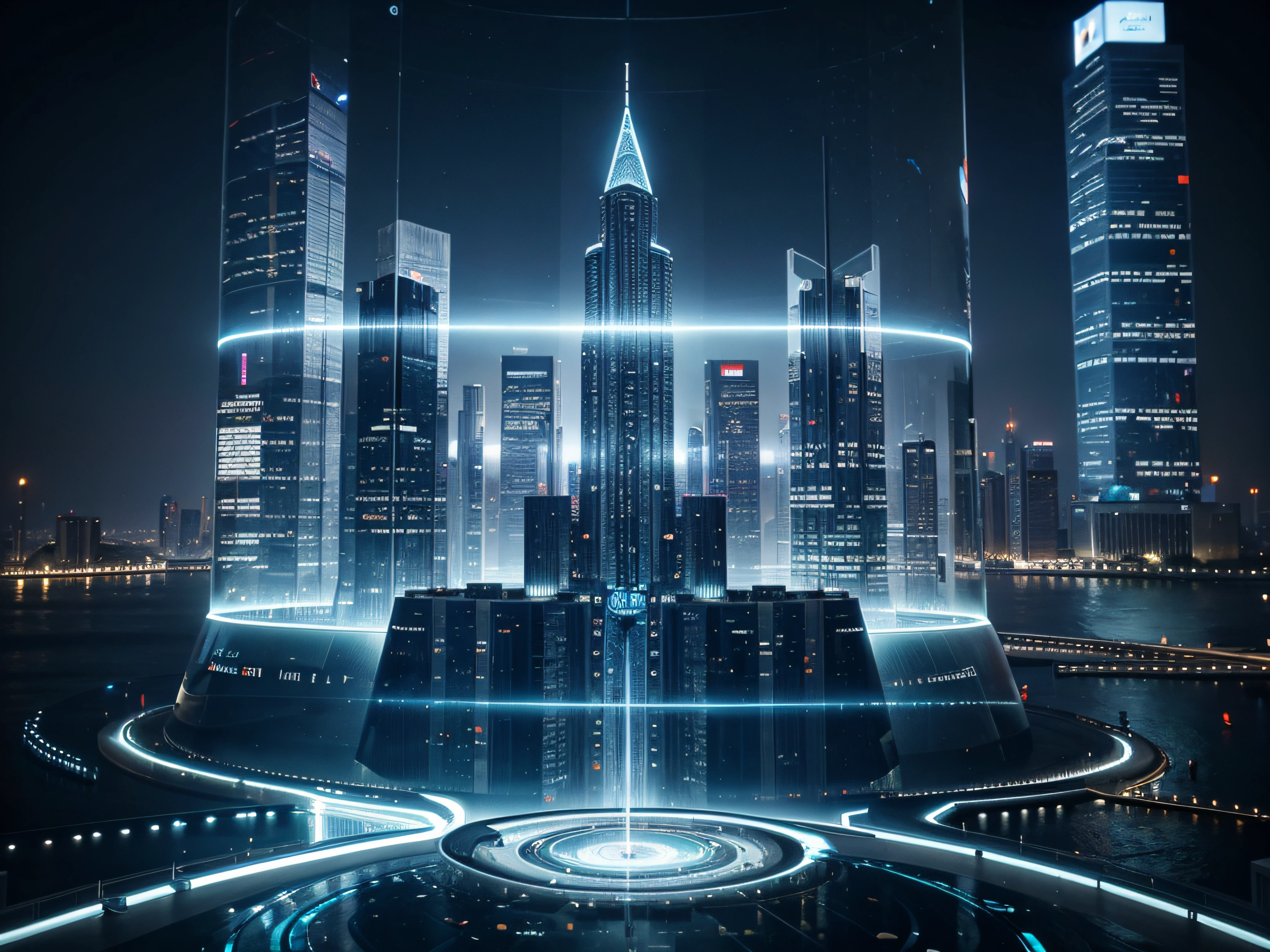 Ciudad de datos flotante: Let&#39;s imagine a futuristic vision of a "Ciudad de datos flotante", where rivers of information flow like liquid lights between glass skyscrapers. En el centro de esta ciudad, Una poderosa IA se representa como un colosal edificio ciberespacial.. Its symbol shines on top of the skyscraper., and a holographic screen emerges in front of him, ready to interact with knowledge-hungry users., Renderizado 3D