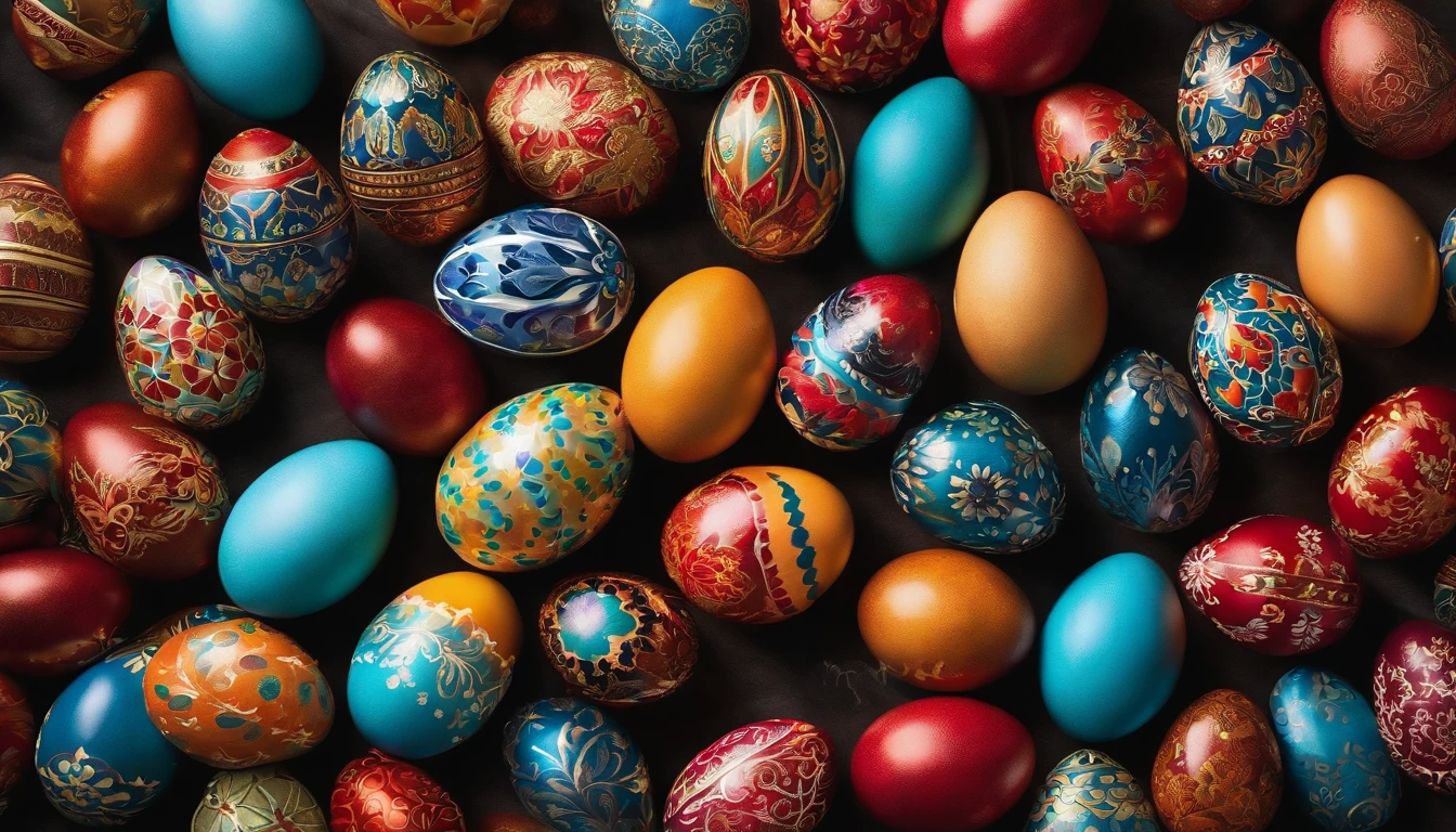 Capture a close-up shot of vibrant colored Easter eggs arranged in a pattern, showcasing their bold colors and intricate designs