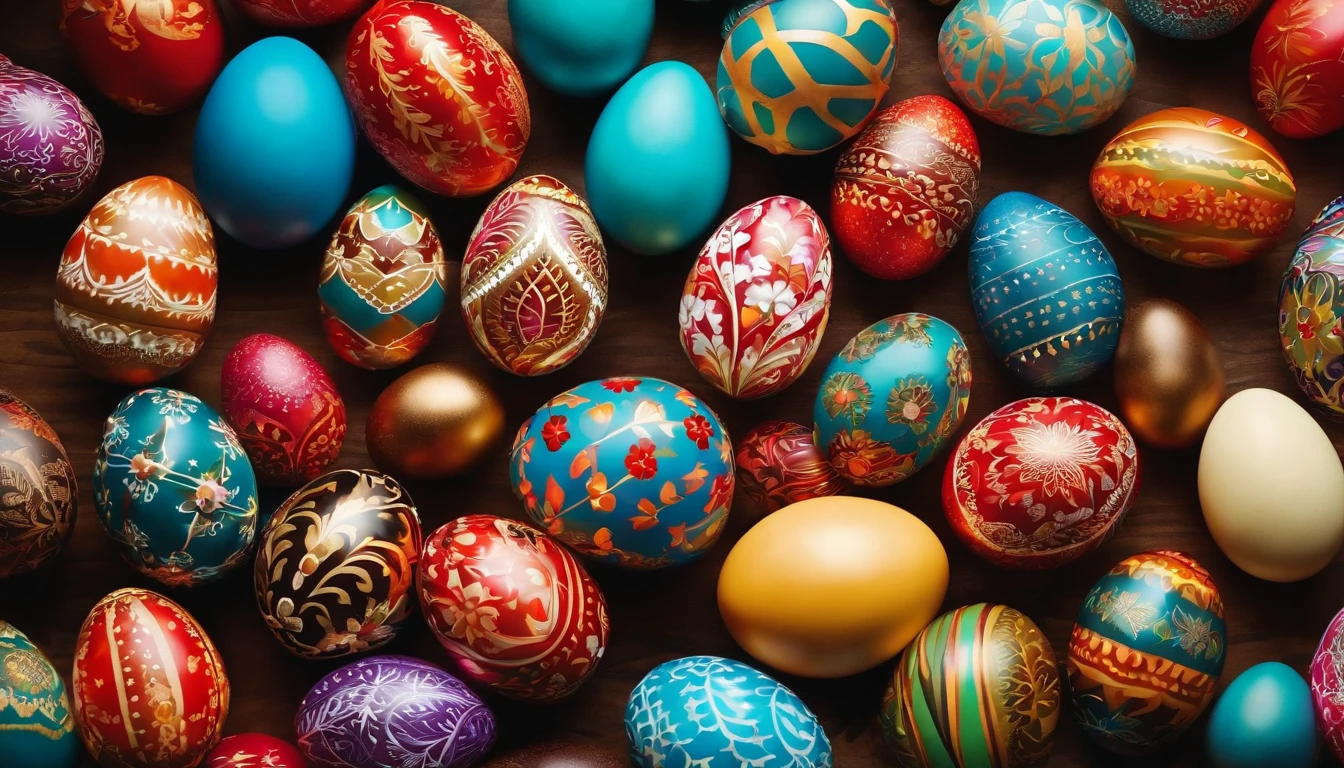 Capture a close-up shot of vibrant colored Easter eggs arranged in a pattern, showcasing their bold colors and intricate designs