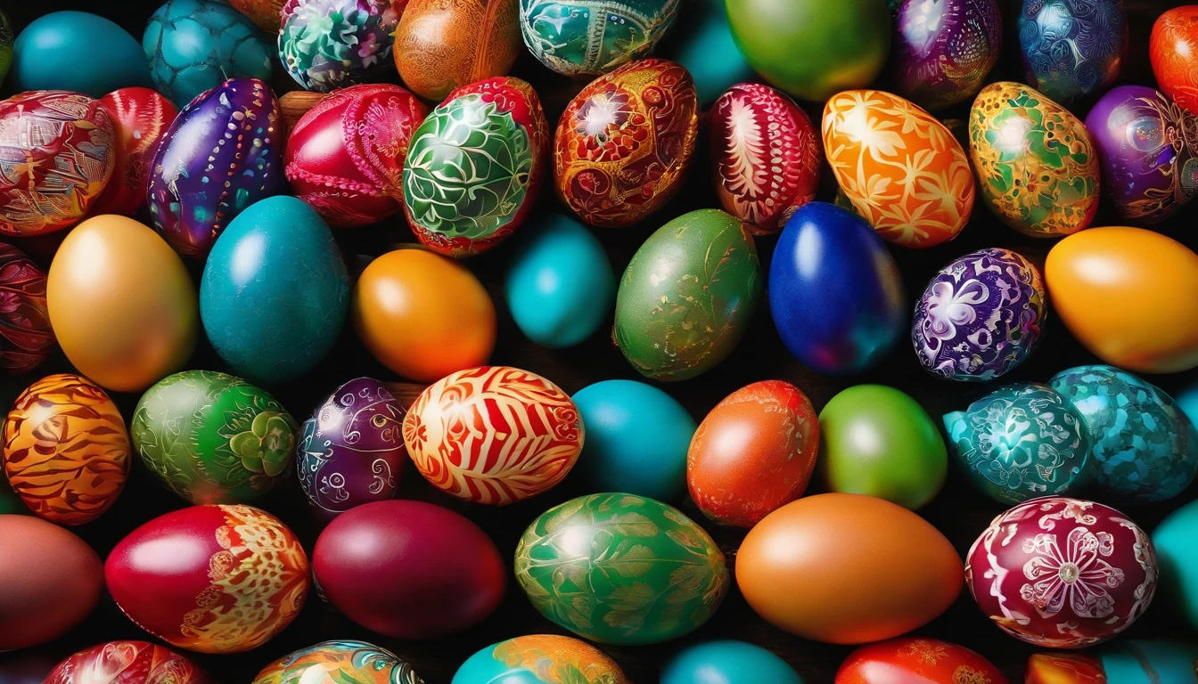 Capture a close-up shot of vibrant colored Easter eggs arranged in a pattern, showcasing their bold colors and intricate designs