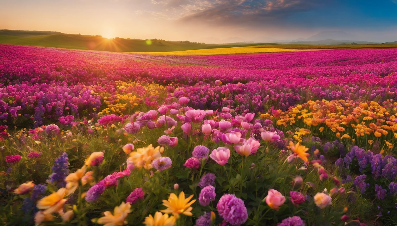 Capture a wide-angle shot of a field of blooming flowers in vibrant shades of pink, purple, and yellow, creating a bold and colorful Easter backdrop.”