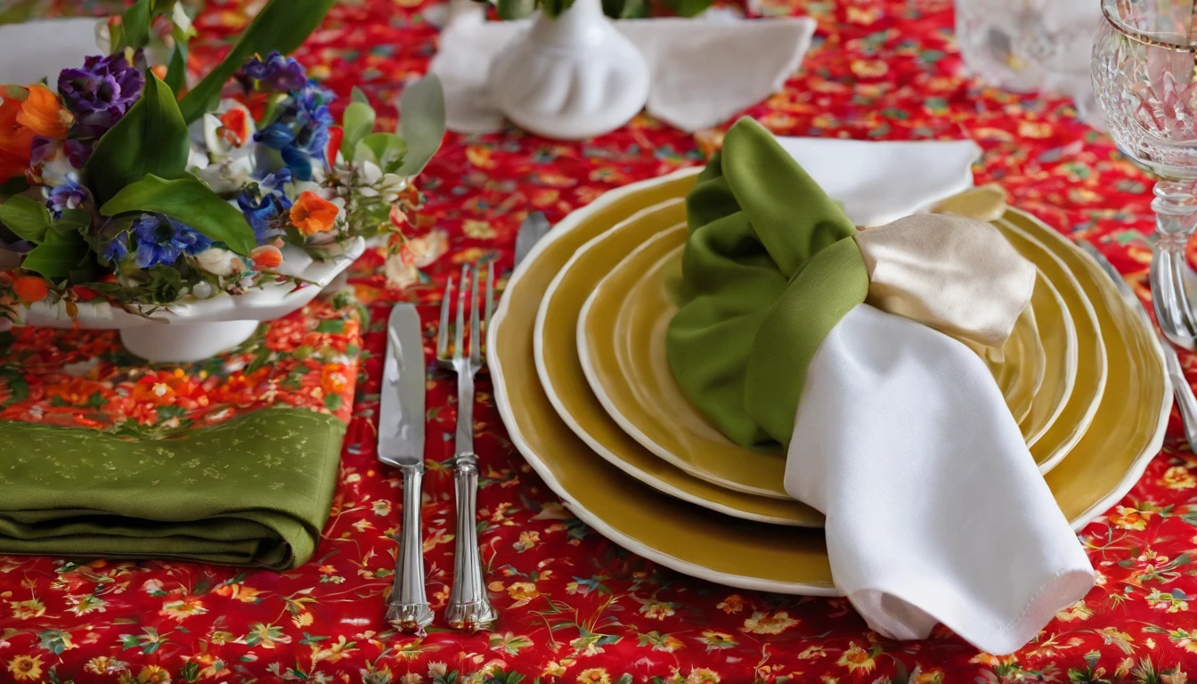 Capture a detail shot of a bold and patterned Easter tablecloth, highlighting the intricate details and vibrant colors.”