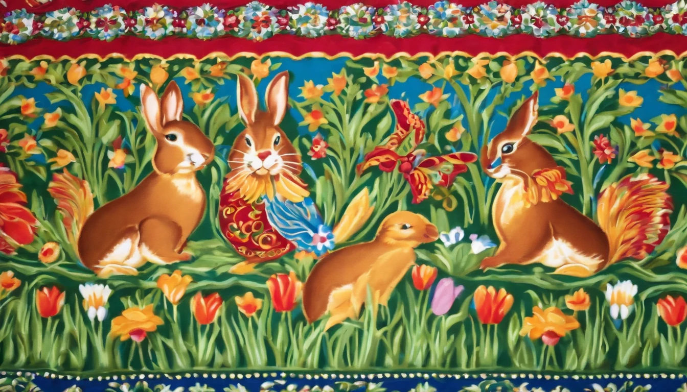 Capture a detail shot of a bold and patterned Easter tablecloth, highlighting the intricate details and vibrant colors.”