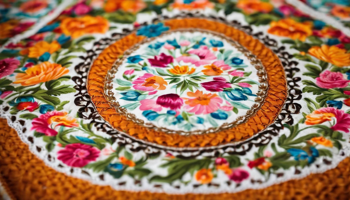 Capture a detail shot of a bold and patterned Easter tablecloth, highlighting the intricate details and vibrant colors.”