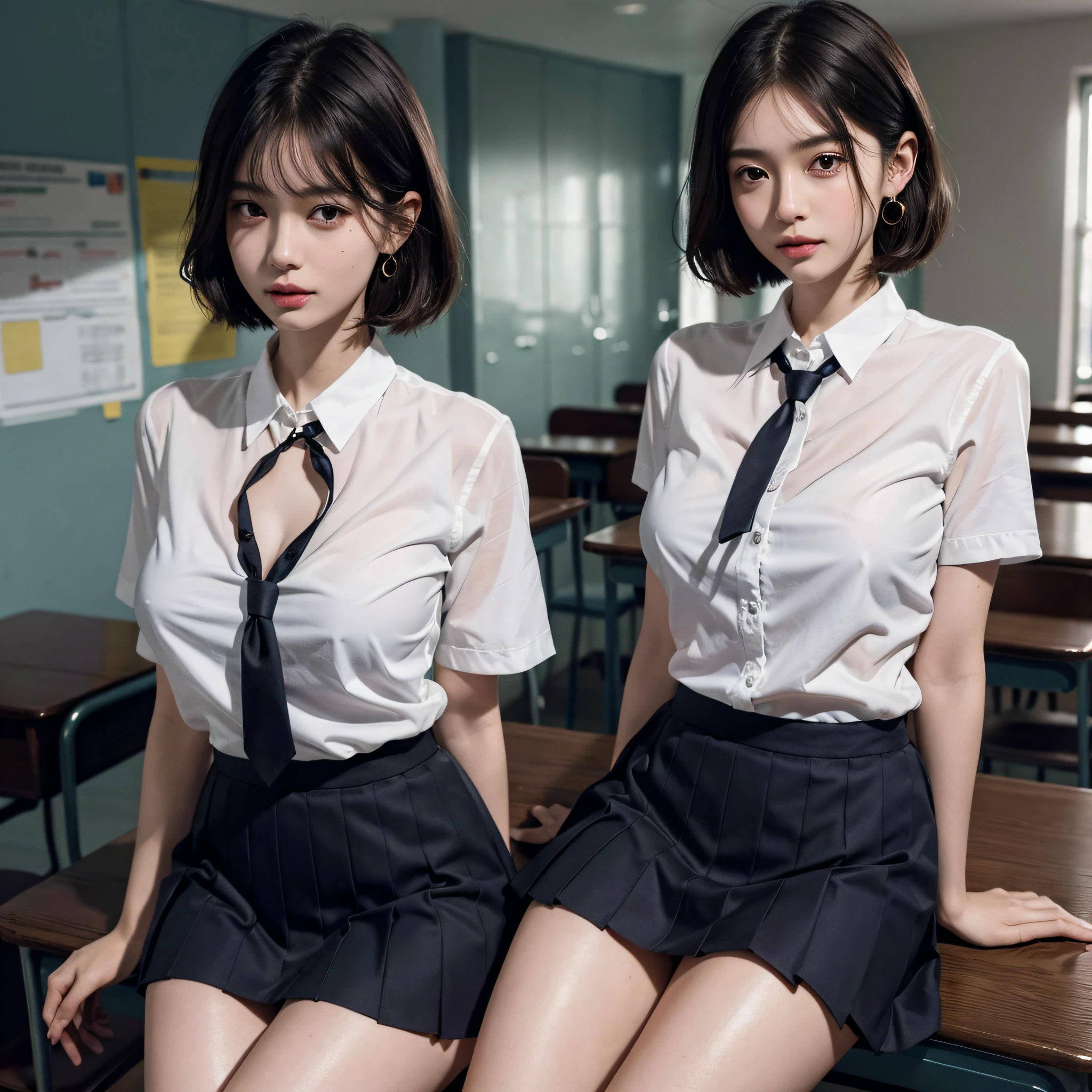 absurderes, Raw photo, Extremely delicate and beautiful, masutepiece, Best Quality, Ultra High Resolution, 16 K, hyper realisitic, Ultra-detailed, (Perfect Anatomy), super detailed skin, Perfect figure, Very detailed CG 8k wallpaper, in her 20s, Very slim body, Narrow waist, Very small head, Very small face, Delicate facial features, tear moles, Earring, thin legs, (very massive round chest), (3 girls), Full body shot, Short hair, Wavy Hair, ((School uniform)),