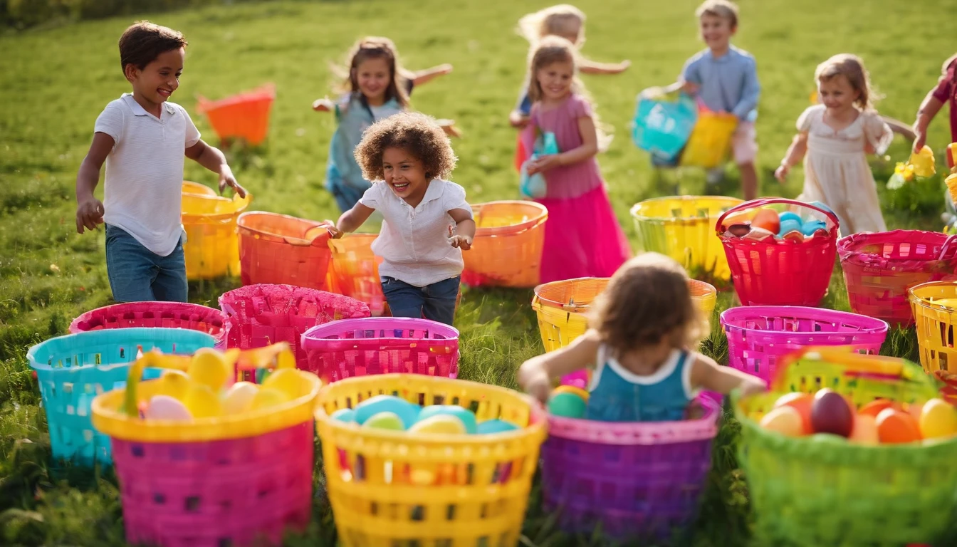 Capture a candid shot of children playing in a field of brightly colored Easter baskets, showcasing the joy and excitement of the holiday against a bold background.