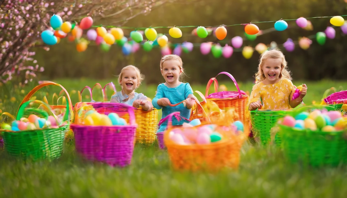 Capture a candid shot of children playing in a field of brightly colored Easter baskets, showcasing the joy and excitement of the holiday against a bold background.