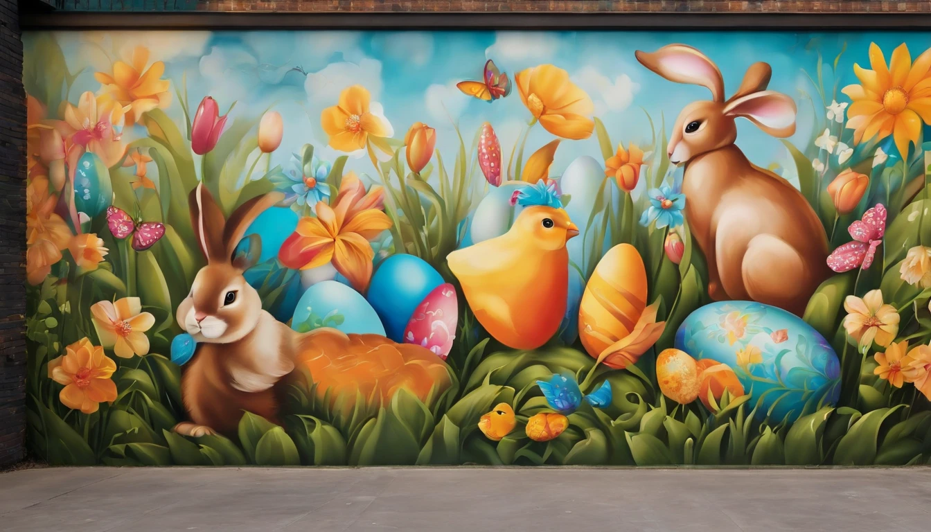 Capture a creative shot of a bold Easter-themed mural or graffiti artwork, adding an urban and contemporary twist to the traditional holiday.”