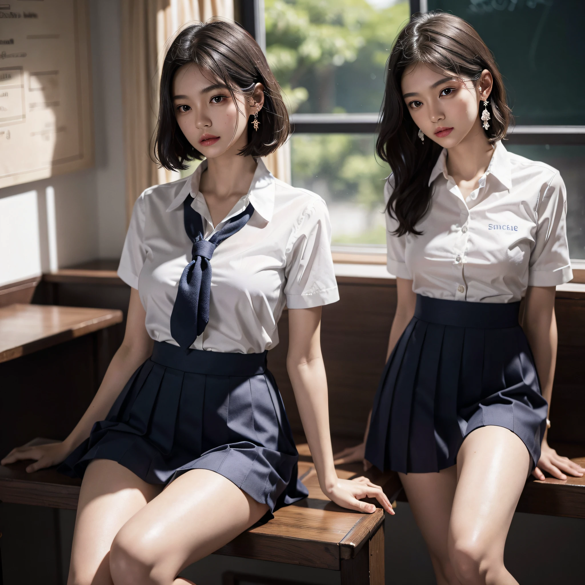 absurderes, Raw photo, Extremely delicate and beautiful, masutepiece, Best Quality, Ultra High Resolution, 16 K, hyper realisitic, Ultra-detailed, (Perfect Anatomy), super detailed skin, Perfect figure, Very detailed CG 8k wallpaper, in her 20s, Very slim body, Narrow waist, Very small head, Very small face, Delicate facial features, tear moles, Earring, thin legs, (very massive round chest), (3 girls), Full body shot, Short hair, Wavy Hair, ((School uniform)),