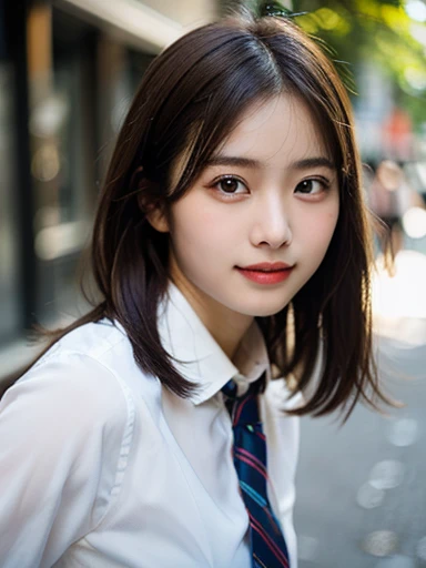 (masterpiece, best quality, photo realistic, official art:1.4), (UHD, 8K quality wallpaper, High resolution, RAW photo:1.2), (shiny skin), professional lighting, physically-based rendering, Award-winning, highly detailed skin, (extremely detailed face and eyes, clear pupils), Carl Zeiss 85 mm F/1.4, depth of field, BREAK, 1girl, solo, kawaii 16-year-old Korean schoolgirl, (Nogizaka idol:0.7), (Korean idol:0.9), (glossy brown hair, straight medium hair, forehead:1.3), extra round face, single eyelid, smirk, mouth closed, (wearing longsleeved collared shirt, school tie:1.3), plaid mini skirt, navy socks, loafers, (breasts emphasized, well shaped medium breasts), (looking at viewer), BREAK, at a street in Shibuya, summer daytime, sunbeam, (seductive posing:1.3), cowboy shot, view from forward,