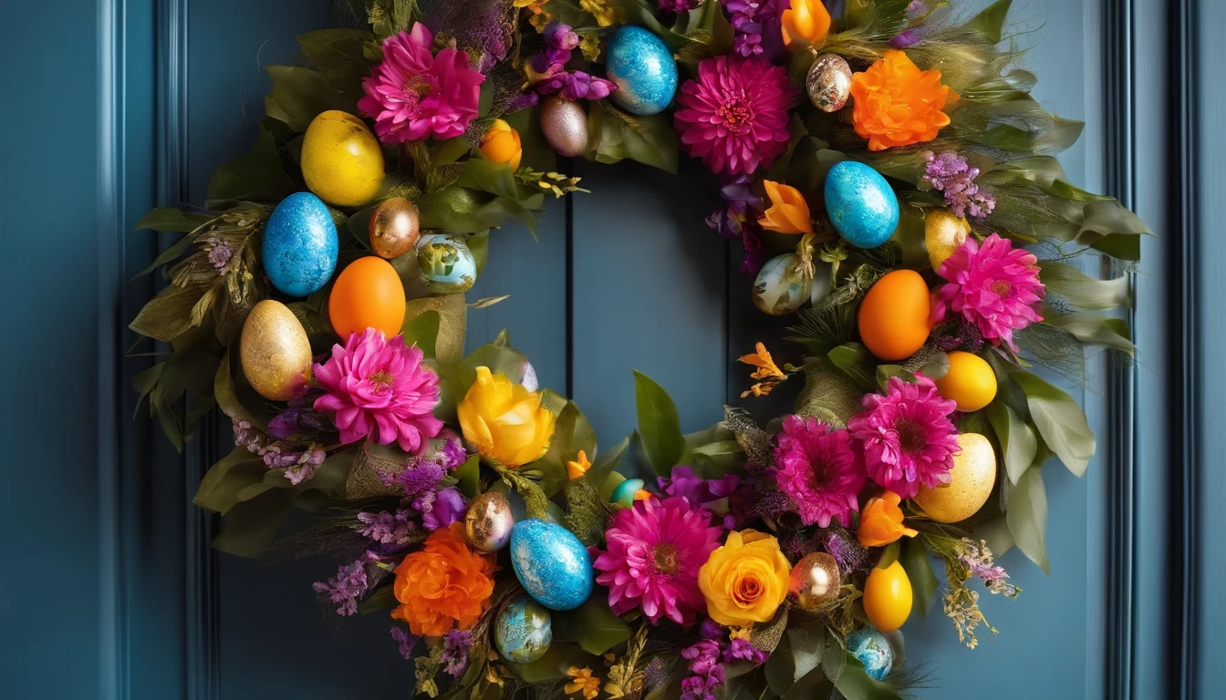Capture a close-up shot of a bold and vibrant Easter wreath hanging on a door, showcasing the intricate details and eye-catching colors.