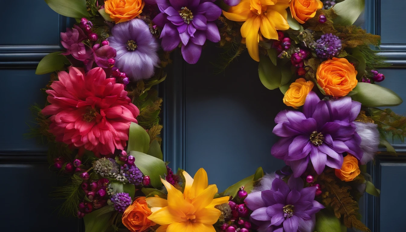 Capture a close-up shot of a bold and vibrant Easter wreath hanging on a door, showcasing the intricate details and eye-catching colors.