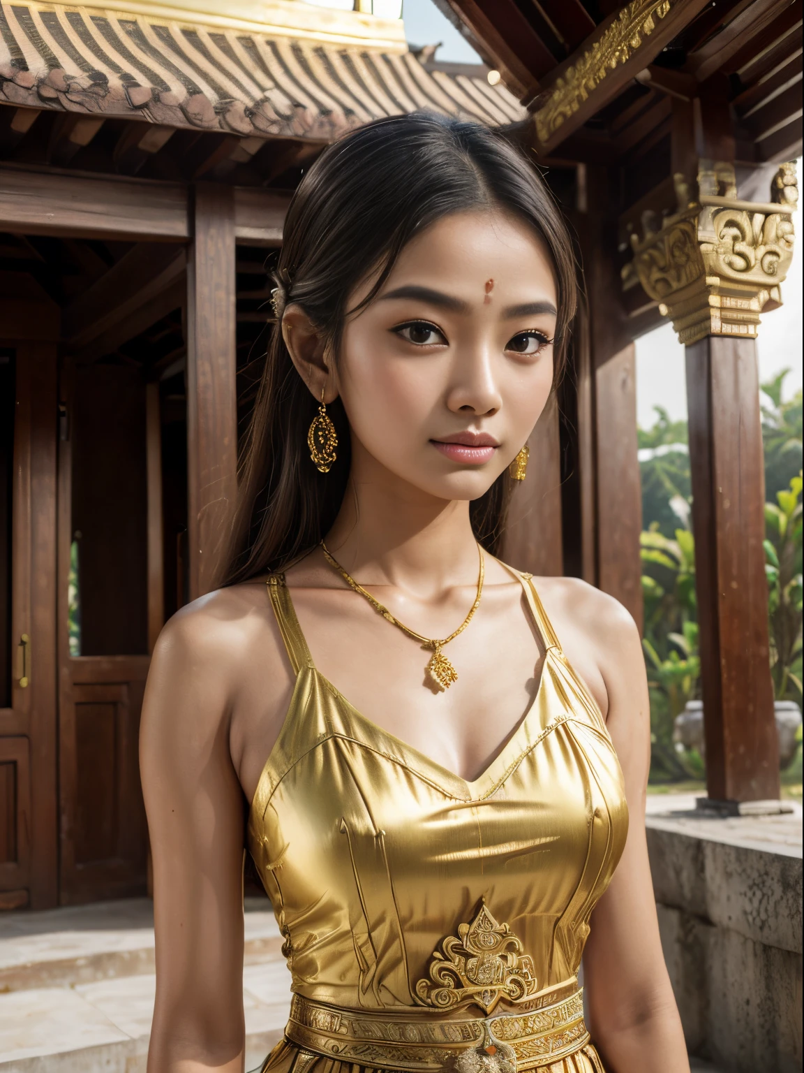 (8k, highest quality, ultra detailed:1.37), (Sirinapa), 18yo, (an architecture enthusiast), admires the stunning beauty of Thai architecture. She visits iconic temples and palaces, marveling at the intricate designs and rich cultural heritage. The high-resolution image captures ultra-detailed realism, highlighting Sirinapa's awe-inspired expression, captivating eyes, and flawless complexion. The majestic architectural details and ornate decorations add to the image's cultural richness, creating a visually stunning representation of Sirinapa's love for Thai architecture.