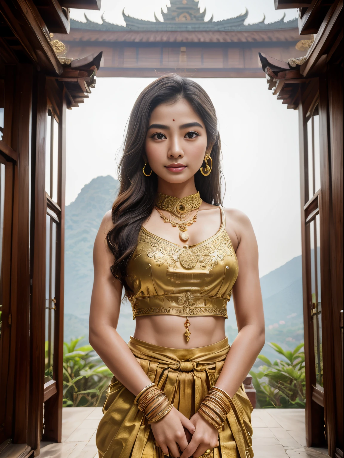 (8k, highest quality, ultra detailed:1.37), (Sirinapa), 18yo, (an architecture enthusiast), admires the stunning beauty of Thai architecture. She visits iconic temples and palaces, marveling at the intricate designs and rich cultural heritage. The high-resolution image captures ultra-detailed realism, highlighting Sirinapa's awe-inspired expression, captivating eyes, and flawless complexion. The majestic architectural details and ornate decorations add to the image's cultural richness, creating a visually stunning representation of Sirinapa's love for Thai architecture.