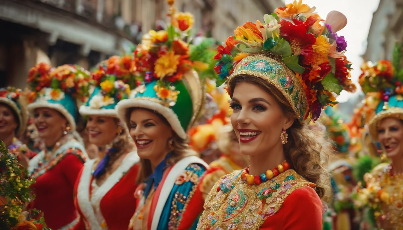 Capture an image of a bold and colorful Easter parade with participants dressed in vibrant costumes and carrying elaborate floats, creating a lively and festive atmosphere.