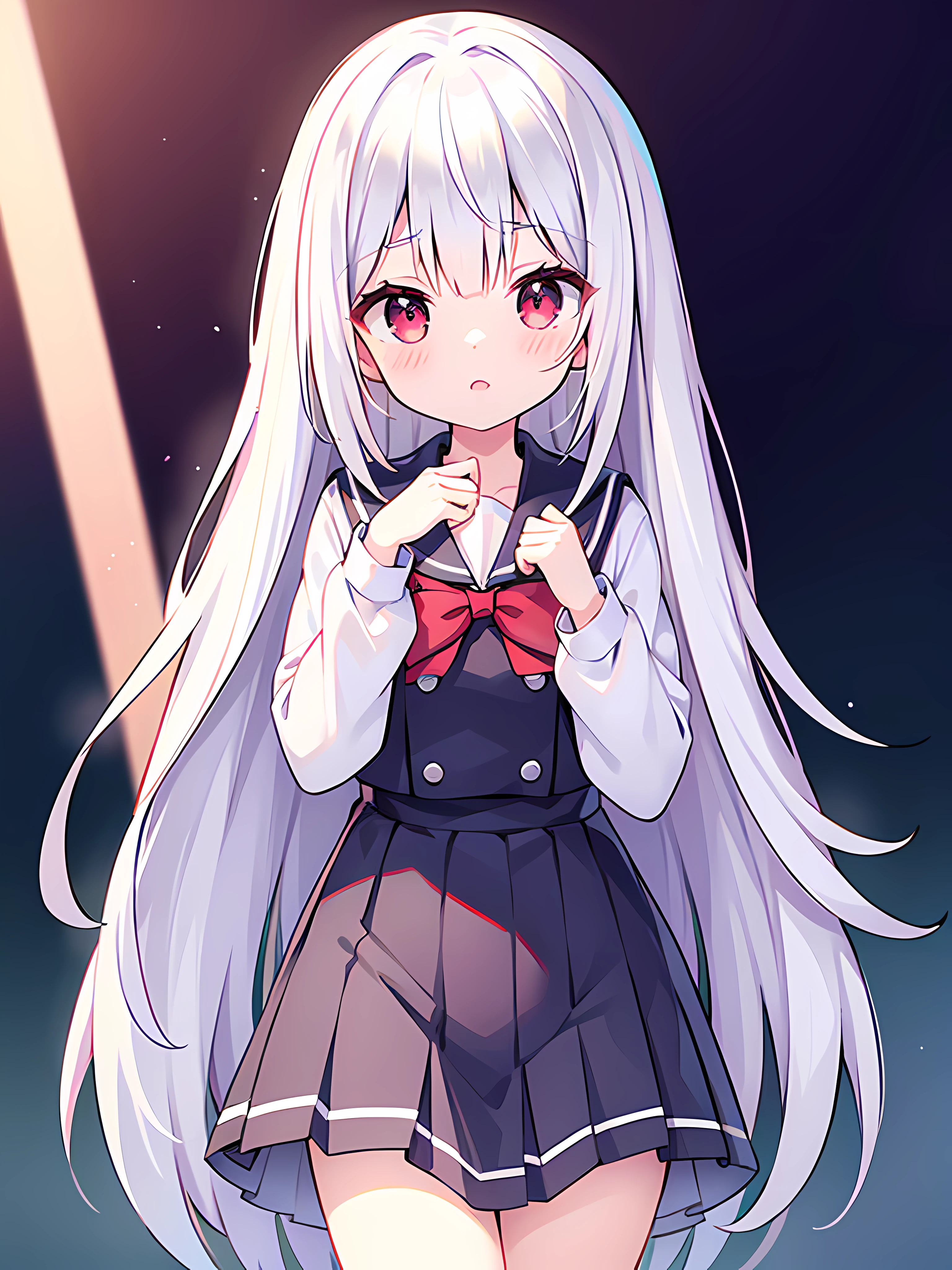 anime girl with long silver hair and red eyes and a school uniform, busy but lonely, high res, ultrasharp, 8k, masterpiece