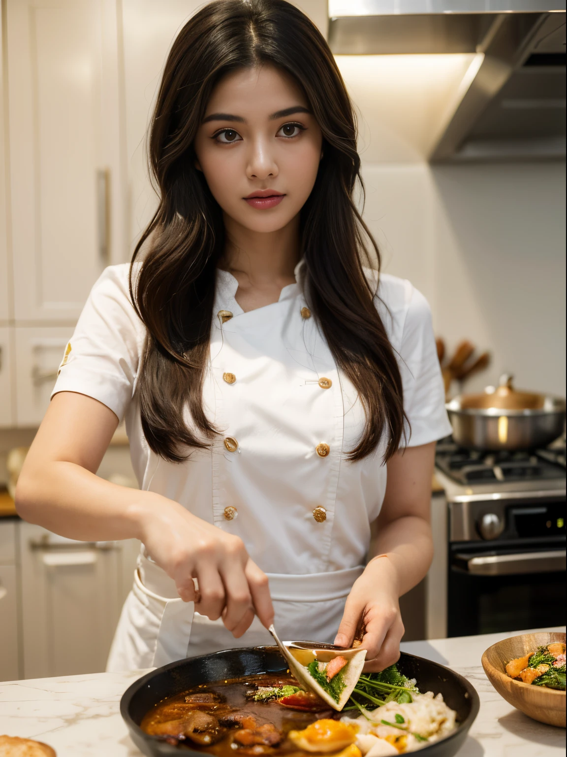 (8k, highest quality, ultra detailed:1.37), (Ecce), 18yo, (a young Turkish woman), prepares a delicious Turkish dish in a contemporary kitchen. She wears a modern chef's outfit, showcasing her culinary skills. The high-resolution image captures ultra-detailed realism, highlighting Ecce's captivating eyes, long eyelashes, and flawless complexion as she garnishes the dish. The vibrant colors and aromas of Turkish cuisine add to the richness of the scene.