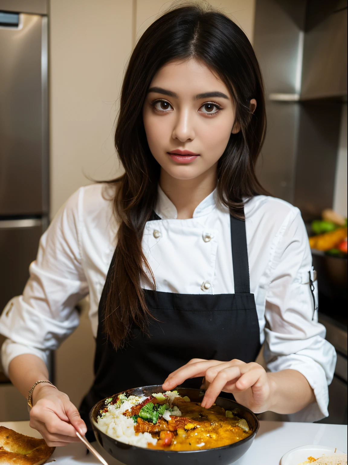 (8k, highest quality, ultra detailed:1.37), (Ecce), 18yo, (a young Turkish woman), prepares a delicious Turkish dish in a contemporary kitchen. She wears a modern chef's outfit, showcasing her culinary skills. The high-resolution image captures ultra-detailed realism, highlighting Ecce's captivating eyes, long eyelashes, and flawless complexion as she garnishes the dish. The vibrant colors and aromas of Turkish cuisine add to the richness of the scene.