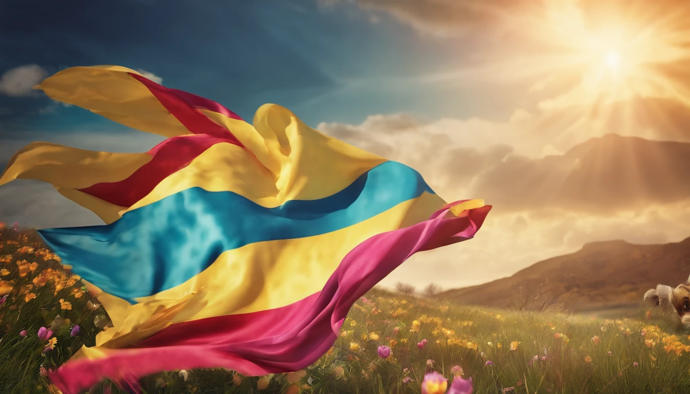 Capture a detail shot of a bold and patterned Easter banner or flag fluttering in the wind, adding movement and energy to the photo.”