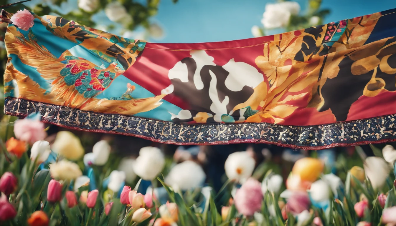 Capture a detail shot of a bold and patterned Easter banner or flag fluttering in the wind, adding movement and energy to the photo.”