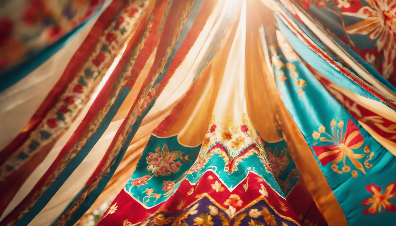 Capture a detail shot of a bold and patterned Easter banner or flag fluttering in the wind, adding movement and energy to the photo.”