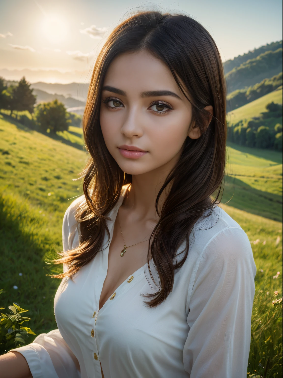 (8k, highest quality, ultra detailed:1.37), (Ecce), 18yo, (a young Turkish woman), enjoys the tranquility of the Turkish countryside. She is dressed in comfortable and casual clothing, surrounded by lush green fields and rolling hills. The high-resolution image captures ultra-detailed realism, highlighting Ecce's captivating eyes, long eyelashes, and flawless complexion against the natural beauty of the landscape. The soft sunlight adds a warm and peaceful ambiance to the scene.