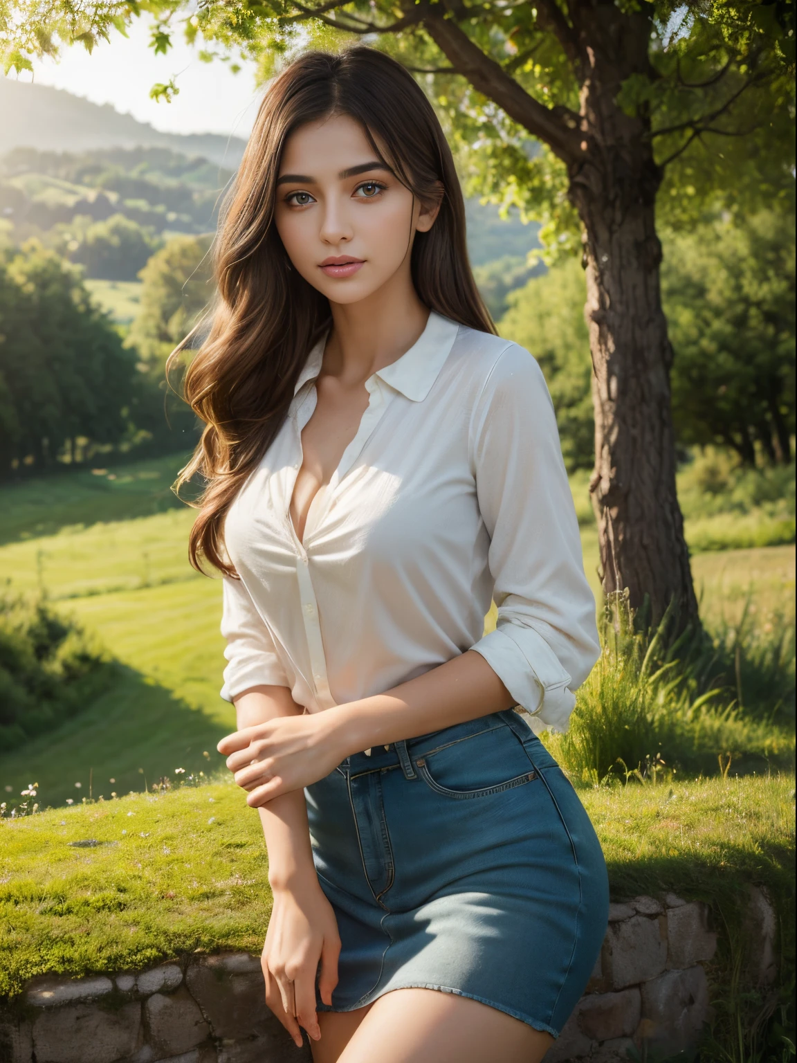 (8k, highest quality, ultra detailed:1.37), (Ecce), 18yo, (a young Turkish woman), enjoys the tranquility of the Turkish countryside. She is dressed in comfortable and casual clothing, surrounded by lush green fields and rolling hills. The high-resolution image captures ultra-detailed realism, highlighting Ecce's captivating eyes, long eyelashes, and flawless complexion against the natural beauty of the landscape. The soft sunlight adds a warm and peaceful ambiance to the scene.