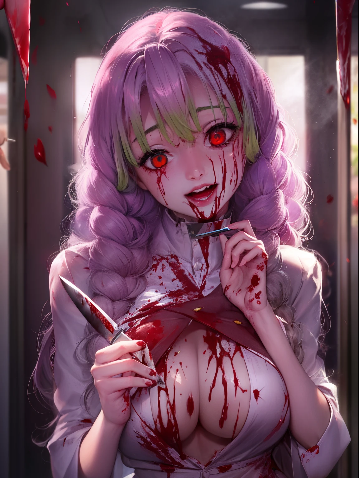 Unpleasant smile of a girl who loves knive、Psychopath horror,  big lips, blood on face, ((holding knife)), juicy lips, big boobs, holding knife by the handle, full body,red eyes long hair, ((mitsuri kanroji))