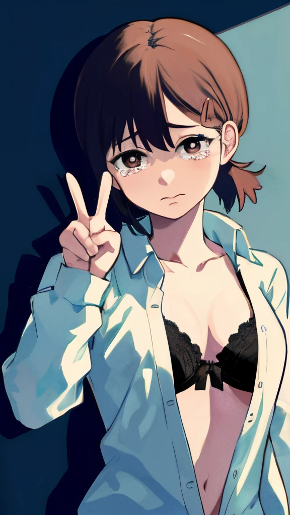 (sfw), (masterpiece:1.2), best quality, masterpiece, highres, original, extremely detailed wallpaper, (ultra-detailed), (best illustration), (best shadow), (Kobeni), small breasts, perky breasts, (white collared shirt), (blood stain:1.1), (horrified:1.2), (black necktie), (shirt stain), (stained), 1girl, looking at viewer, (scared:1.2), (tears:1.1), (brown eyes), (peace sign), unbuttoned shirt, open shirt, bra