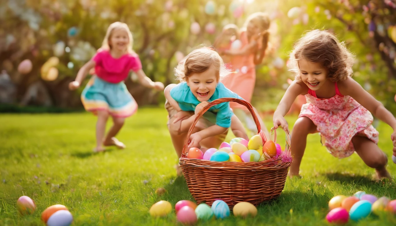Capture a dynamic action shot of children participating in an Easter egg hunt against a bold and colorful backdrop, capturing their excitement and enthusiasm