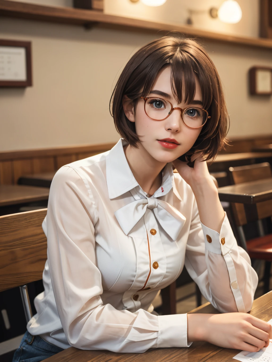 A photo of a young, nerdy woman sitting in a caf, wearing a white shirt and a bow, surrounded by a cozy atmosphere, looking at the viewer. short hair, slender, red lips, transparent fabric, flirting with the camera