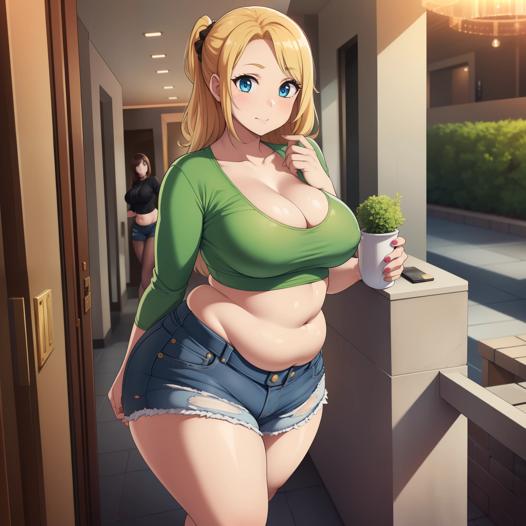 ((highres)), Masterpiece, high quality, best quality, beautiful, perfect lighting, detailed face, ultra cute face, cowboy shot, (((2girls))), standing next to each other, one girl has blonde hair, blue eyes, one girl has brown hair, green eyes, full body, hotel lobby, medium breasts, perky breasts, cleavage, ((wide hips)), ((thick thighs)), ((chubby)), pudgy belly, fat folds, sexy pose, crop top, shorts,