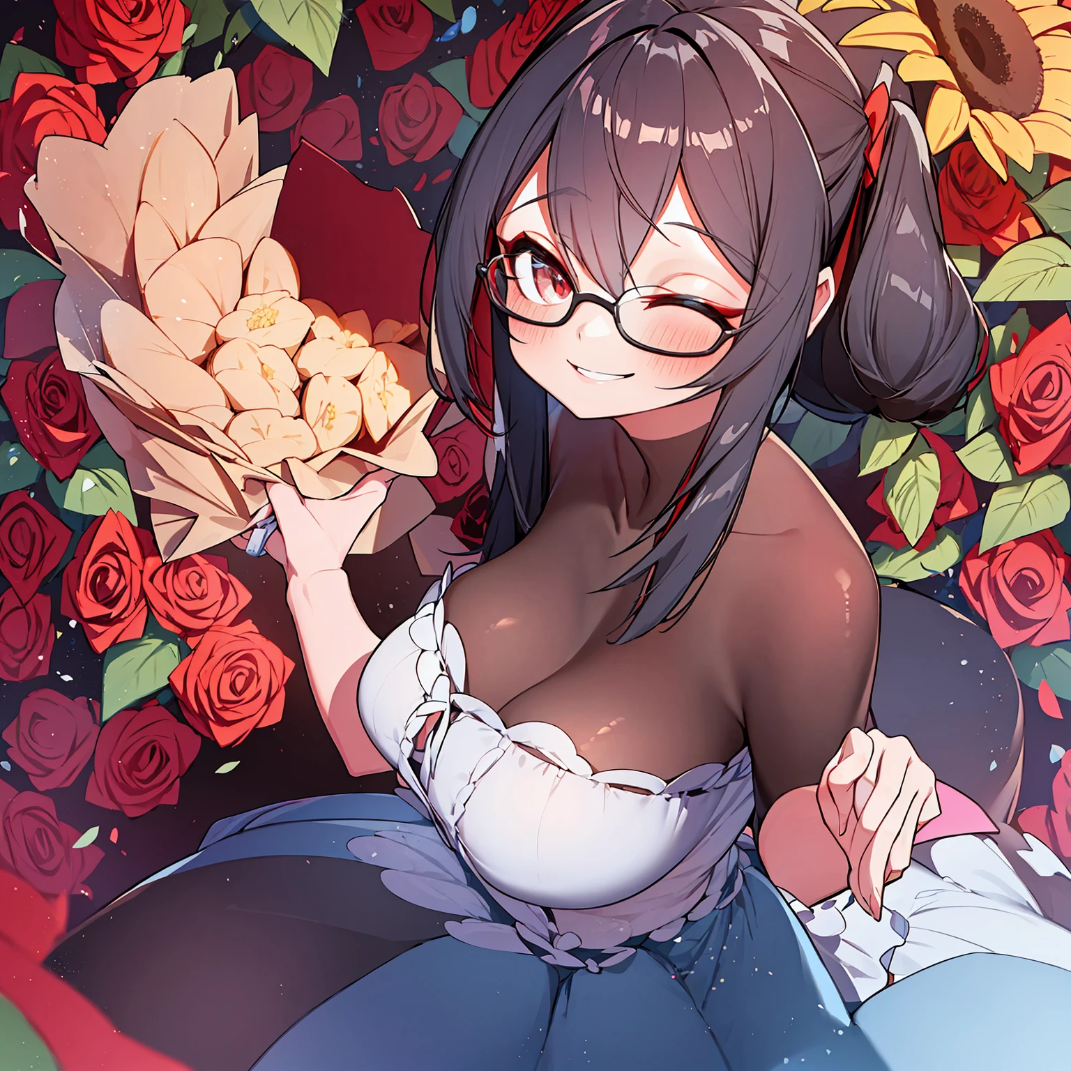 Beautiful with glasses, cabelos preto e longos, Bouquet of sunflowers and red roses, vivd colour, Smiling, 8K quality, cinematic focus, With his eyes closed