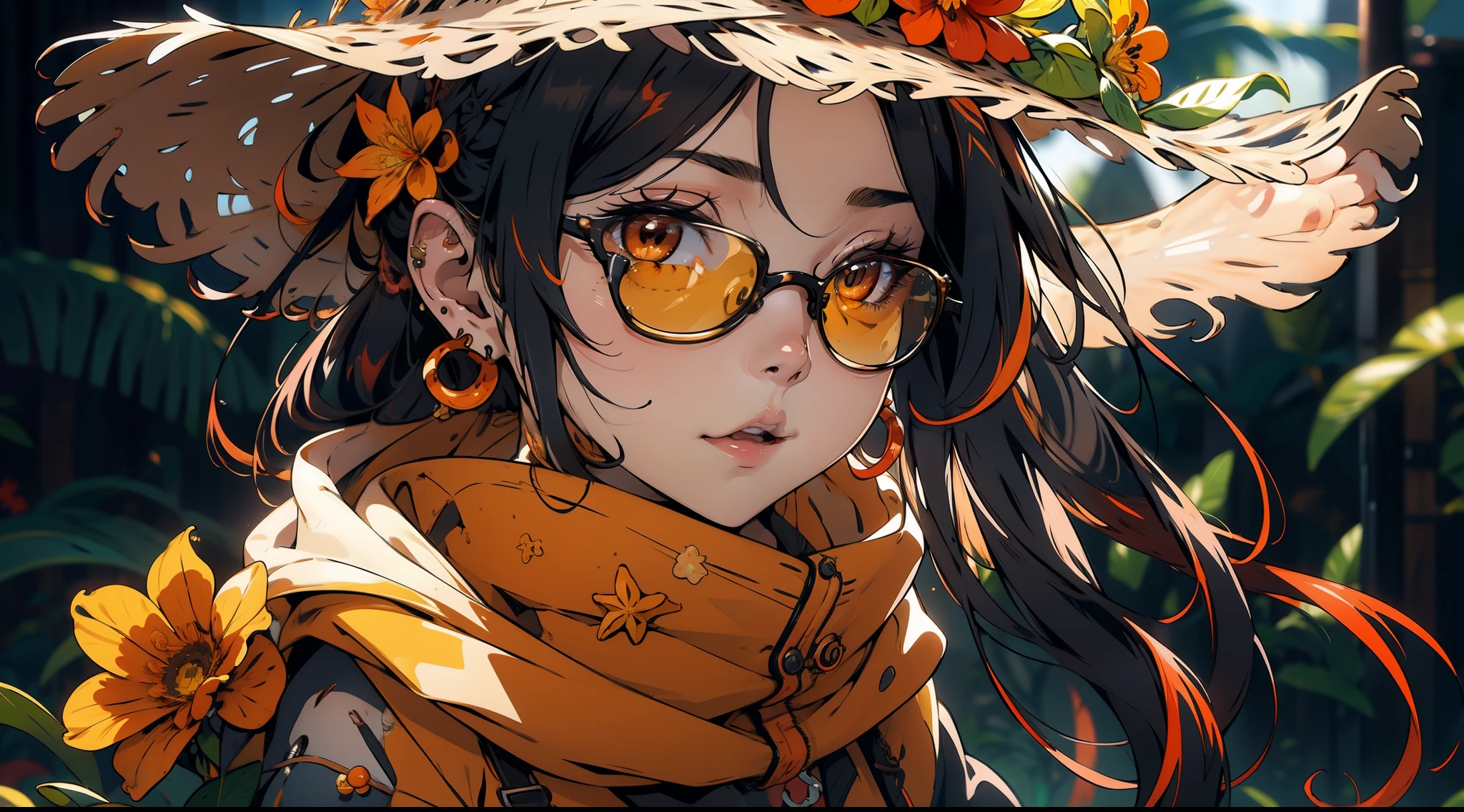 (nsfw:1.5), 1 girl, solo, absurdres, highres, ultra detailed, 1girl, solo, extremely detailed eyes, starfish, seashell, shell, flower, hat, hair ornament, jewelry, straw hat, looking at viewer, sunglasses, hat flower, drinking straw, hairclip, earrings, red flower, tinted eyewear, yellow flower, bangs, english text, multicolored hair, orange flower, black hair, ring, cup, long hair, orange-tinted eyewear, food, brown hair, portrait, shell hair ornament, （（（tmasterpiece），（Very detailed CG unity 8K wallpaper），best qualtiy，cinmatic lighting，detailed back ground，beatiful detailed eyes，Bright pupils,（Very fine and beautiful），（Beautiful and detailed eye description），ultra - detailed，tmasterpiece，））, full body, wide shot