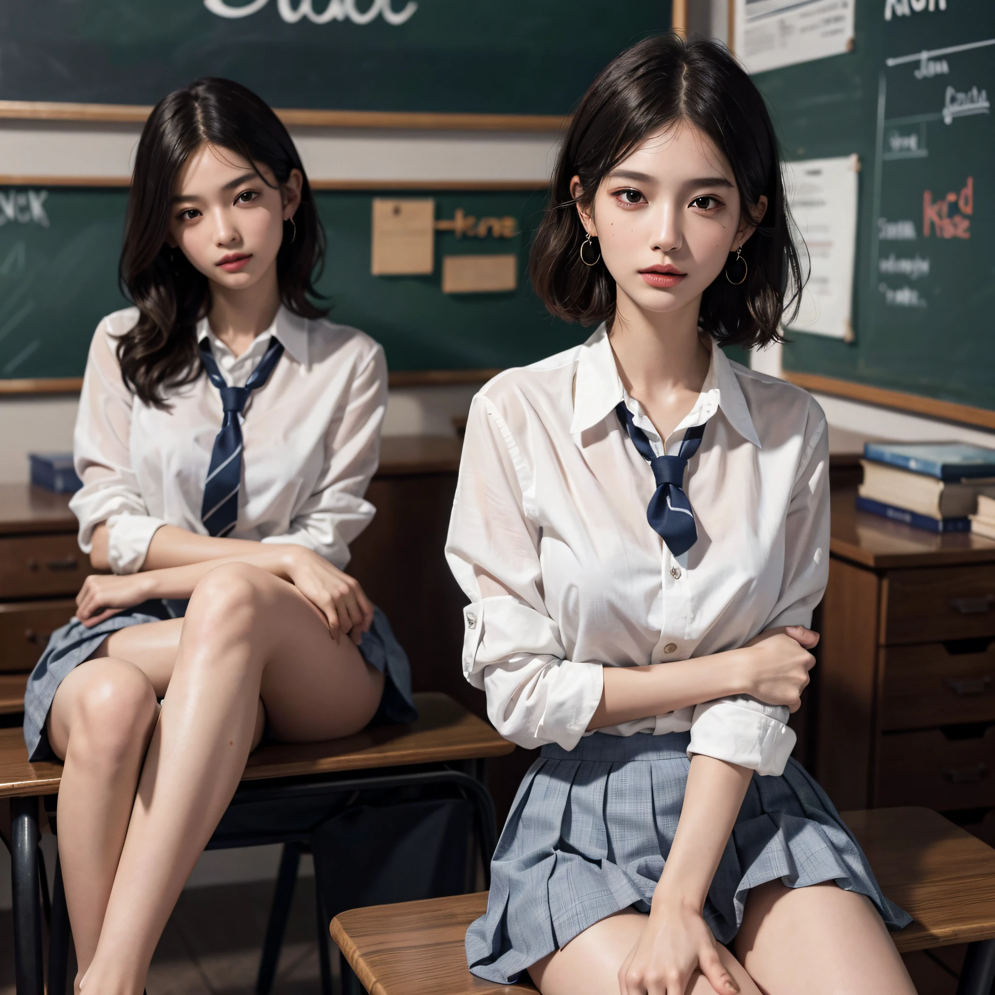 absurderes, Raw photo, Extremely delicate and beautiful, masutepiece, Best Quality, Ultra High Resolution, 16 K, hyper realisitic, Ultra-detailed, (Perfect Anatomy), super detailed skin, Perfect figure, Very detailed CG 8k wallpaper, in her 20s, Very slim body, Narrow waist, Very small head, Very small face, Delicate facial features, tear moles, Earring, thin legs, (very massive round chest), (3 girls), Full body shot, Short hair, Wavy Hair, ((School uniform)),