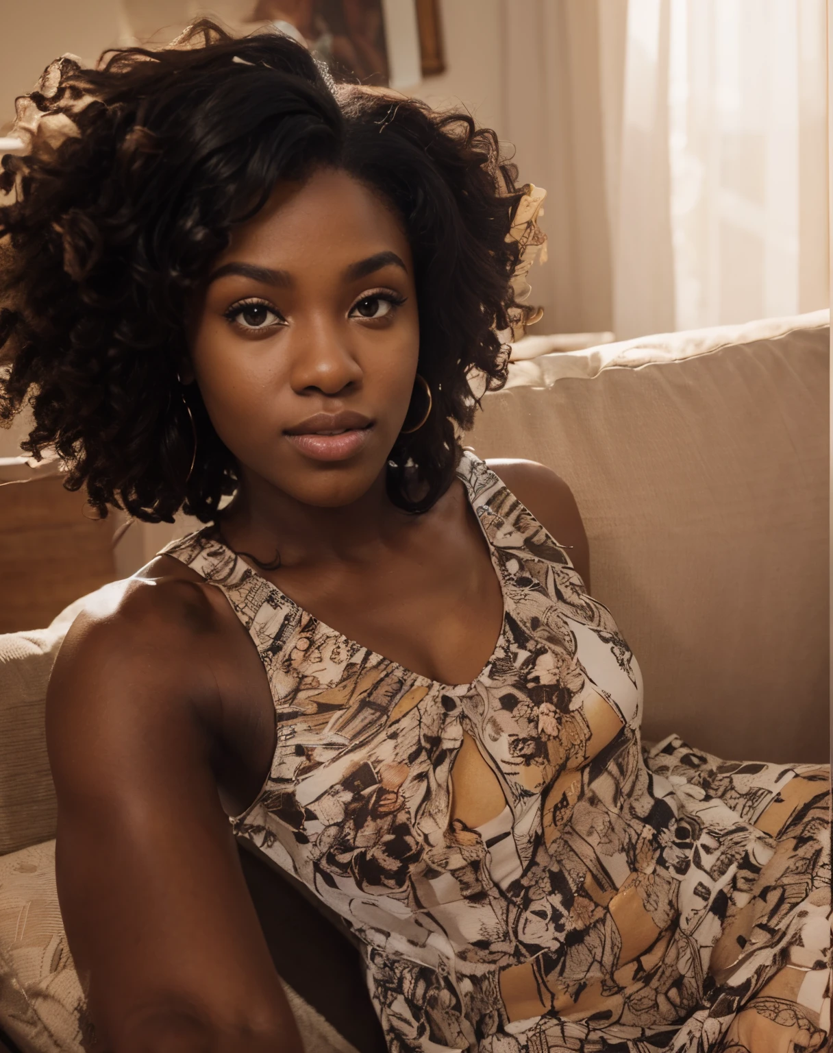 (camera perspective), there is a woman sitting on a recliner taking a selfie, infront of cream white wall, camera perspective, young black woman, african young woman, realistic, photo of a black woman, black young woman, a beautiful young woman, with brown skin, selfie of a young woman, looking at the camera, wearing a purple sundress, portrait shot 8 k, with afro, brown skinned