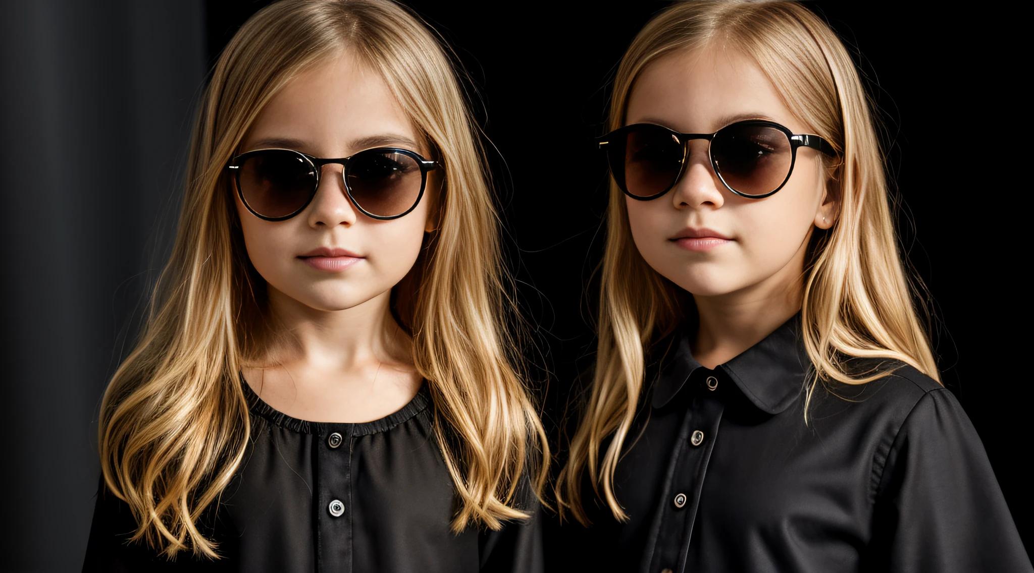 close-up CHILDREN BLONDE GIRL WITH VERY LONG HAIR, in a black blouse and sunglasses in a dark room, Foto de um ensaio promocional,