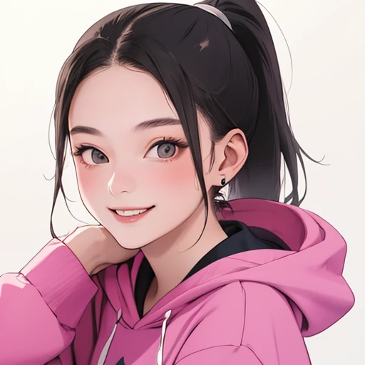 woman,age 20 years old,ponytail,smile,hoodie,portrait,(masterpiece, best quality, highres),
