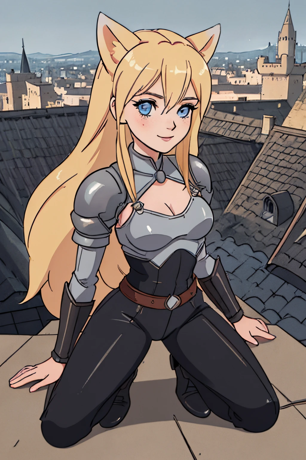 close up 1girl in, teenager, Solo, Aesthetic artwork, blond, straight blonde hair, super long blonde hair, light blue eyes, some small freckles, pale skin, medium breasts, cleavage, runners body, (thin hips, thin waist: 1.25), (arched back:1.12), detailed skin, neutral face, shy smile, (kneeling: 1.25), revealing clothes, wearing leather Warcraft leather armor, leather hunter pants, (dirty blond fox ear:1.25), (detailed Castle roof background:1.1), rooftop, overlooking medieval city, 24mm, 4k textures, soft cinematic light, RAW intricate, elegant, highly detailed, sharp focus, ((((cinematic look)))), soothing tones, insane details, intricate details, hyperdetailed, low contrast, soft cinematic light, dim colors, exposure blend, hdr, faded