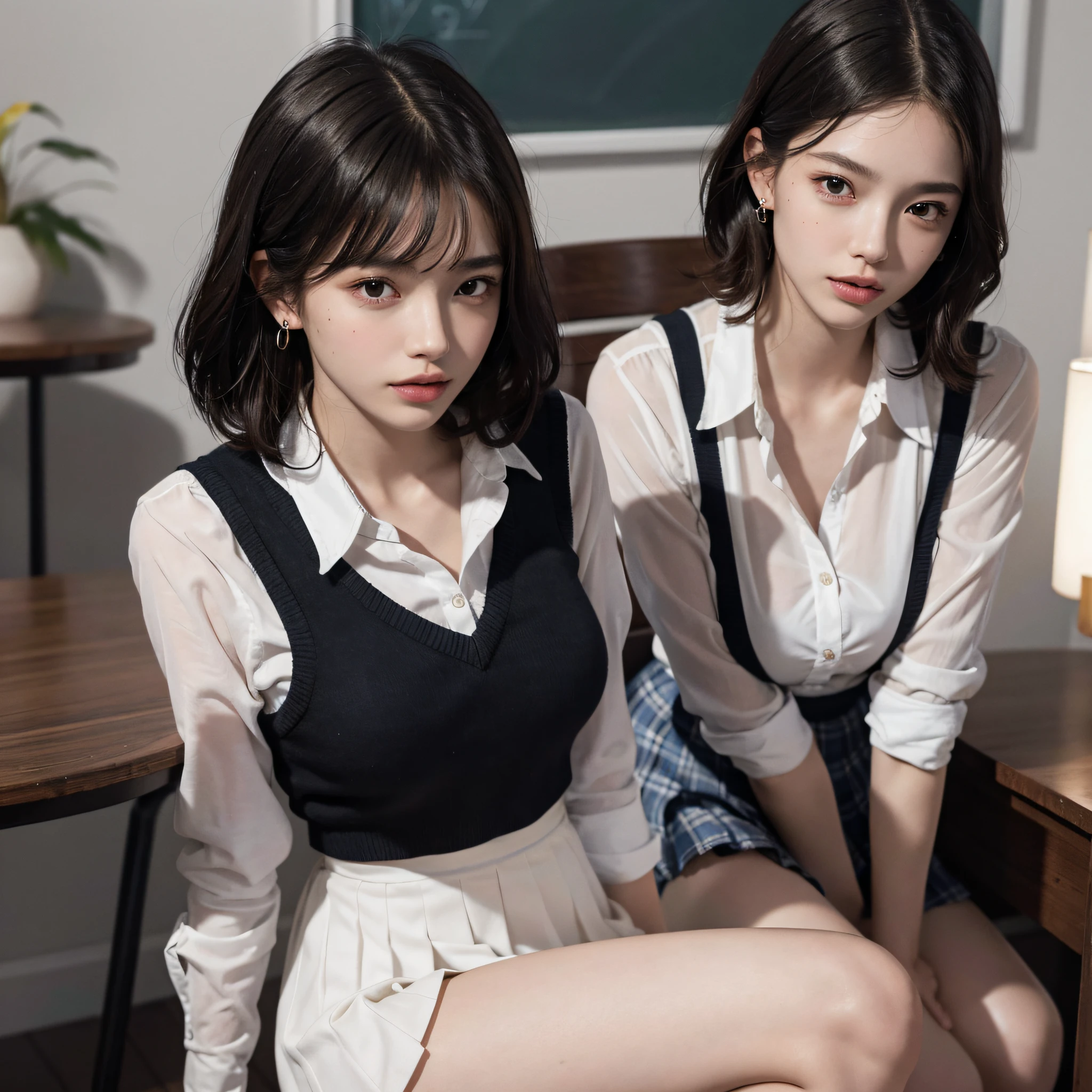 absurderes, Raw photo, Extremely delicate and beautiful, masutepiece, Best Quality, Ultra High Resolution, 16 K, hyper realisitic, Ultra-detailed, (Perfect Anatomy), super detailed skin, Perfect figure, Very detailed CG 8k wallpaper, in her 20s, Very slim body, Narrow waist, Very small head, Very small face, Delicate facial features, tear moles, Earring, thin legs, (very massive round chest), (3 girls), Full body shot, Short hair, Wavy Hair, ((School uniform)),