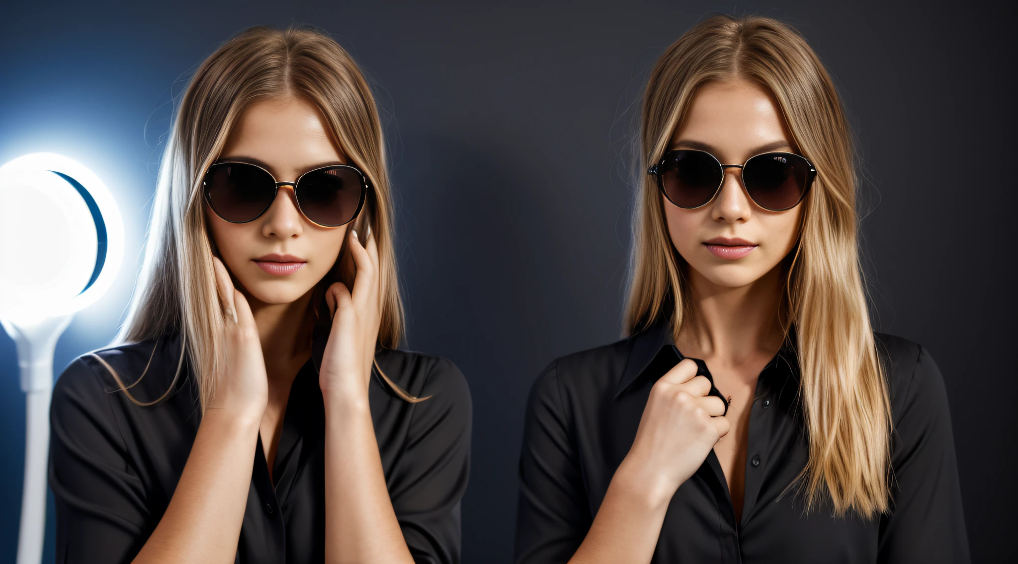 HALO DE LASER AZUL, close-up CHILDREN BLONDE GIRL WITH VERY LONG HAIR, in a black blouse and sunglasses in a dark room, Foto de um ensaio promocional,